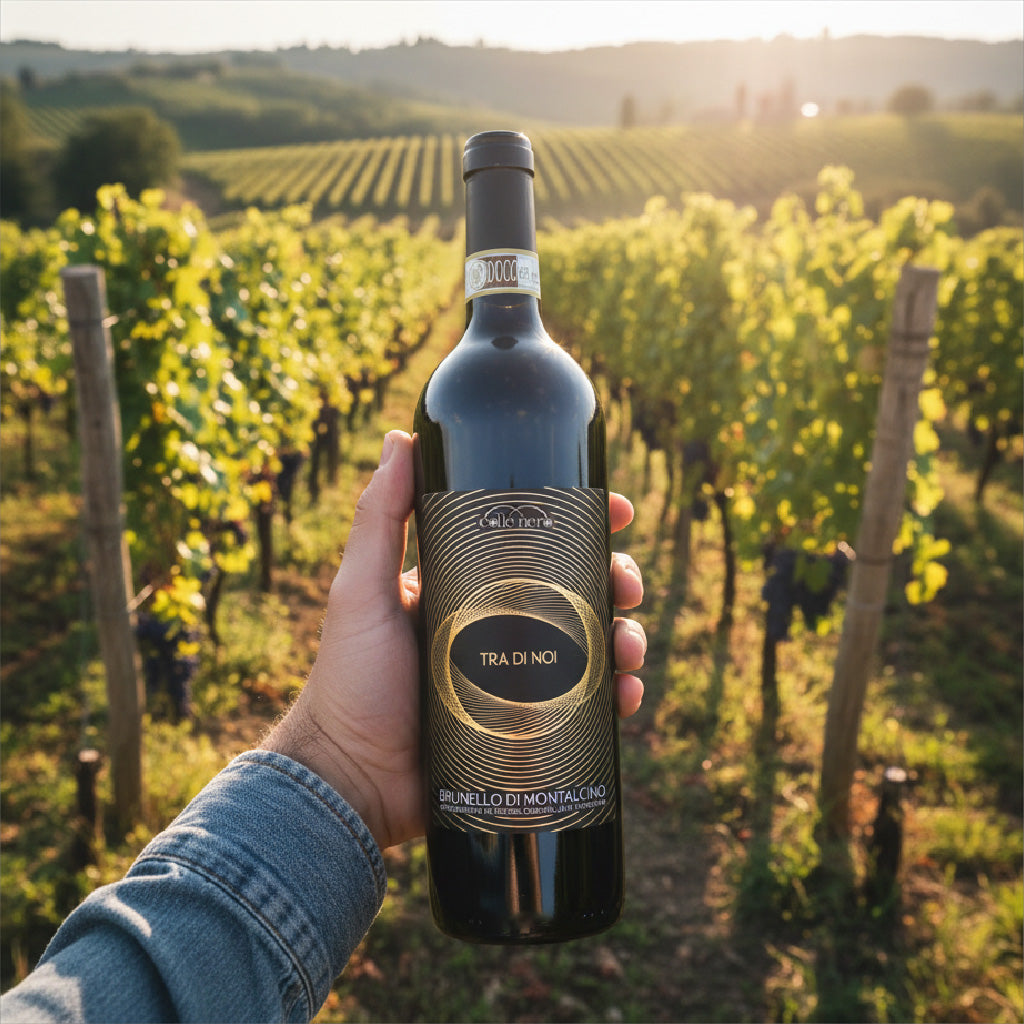 Hand holding a bottle of wine with vineyards in the background