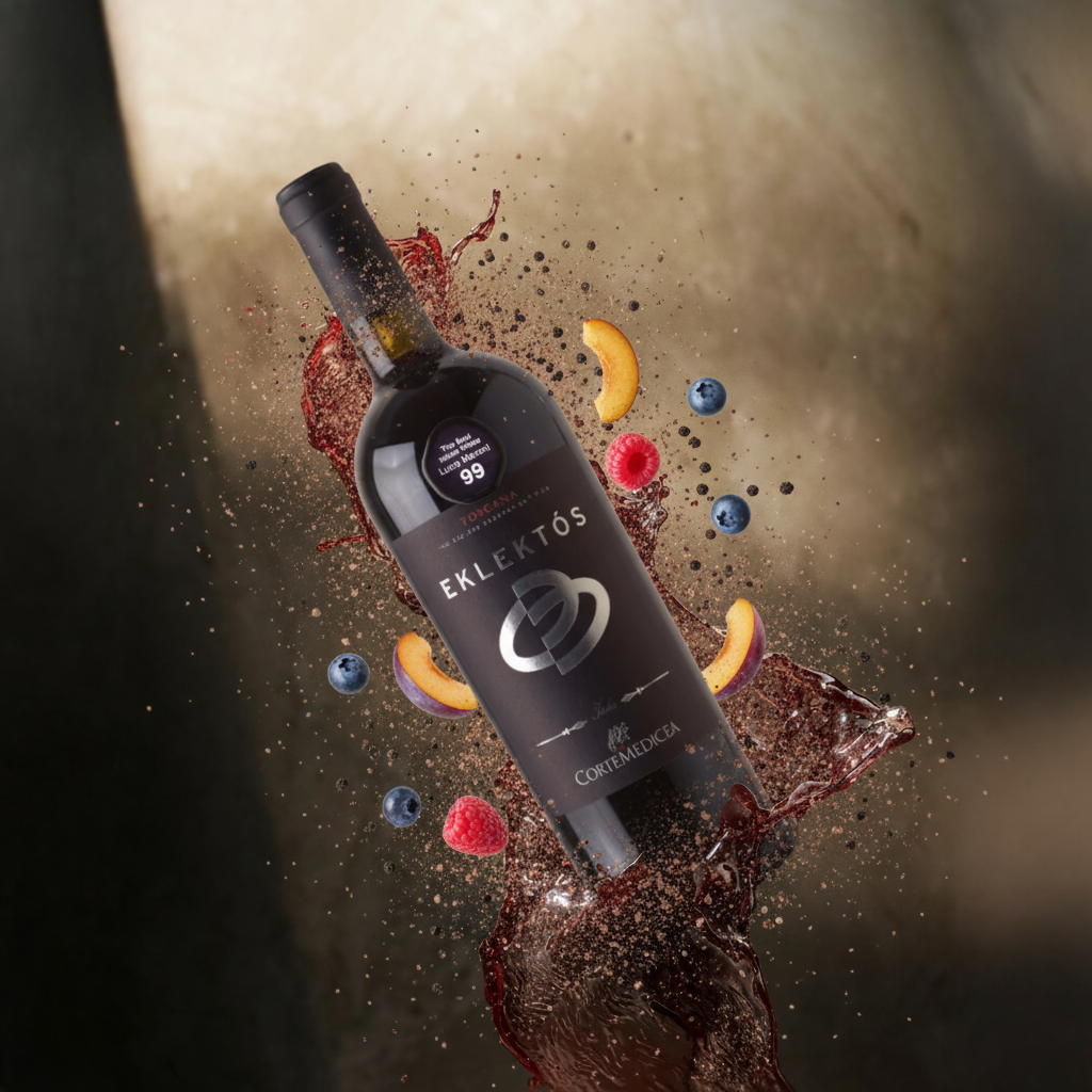 Wine bottle with fruit graphics and splashes on a dark background