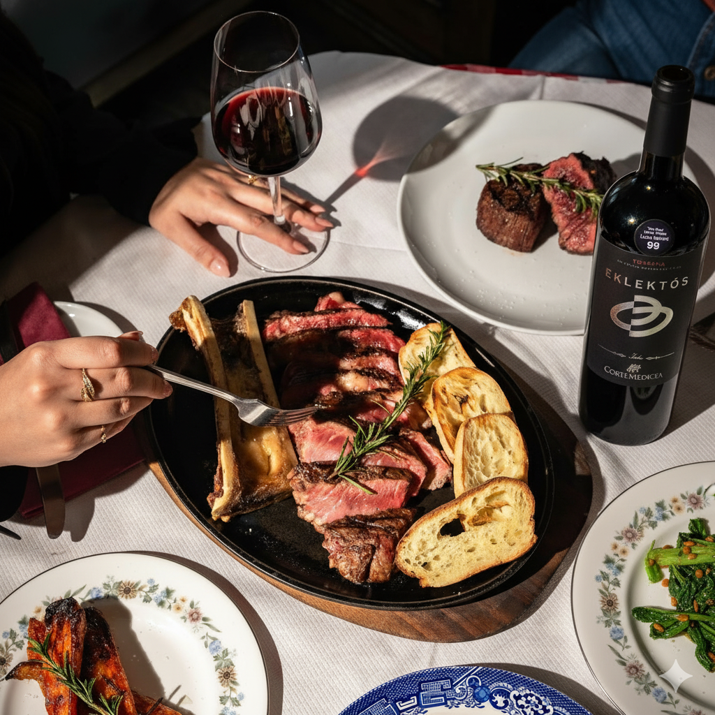 Dinner scene with steak, bread, and wine at a table.