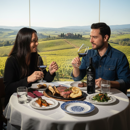 Couple dining together with a scenic vineyard view