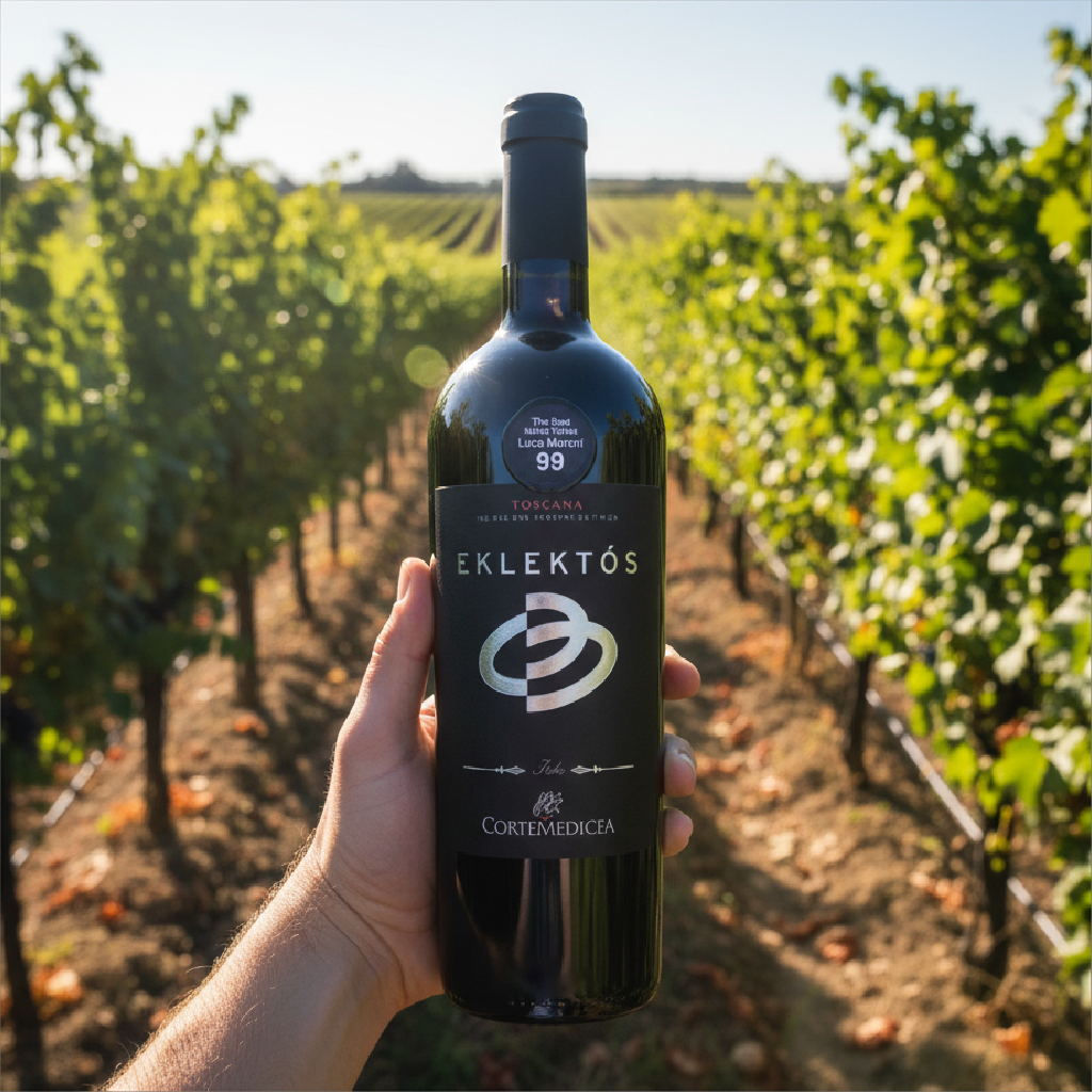 Wine bottle labeled 'Eklektós' held in front of a vineyard