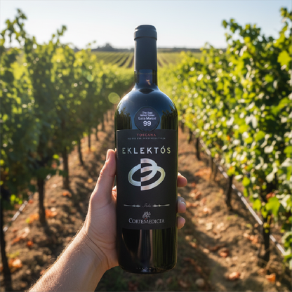 Wine bottle labeled 'Eklektós' held in front of a vineyard