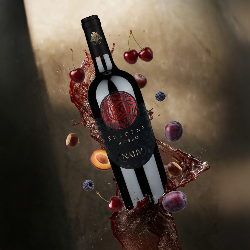 Wine bottle with fruit and splashes of juice on a dark background