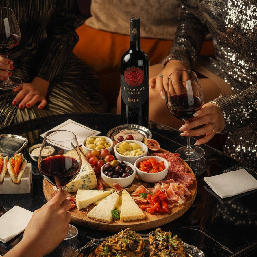 People enjoying a wine tasting with a charcuterie board and red wine.