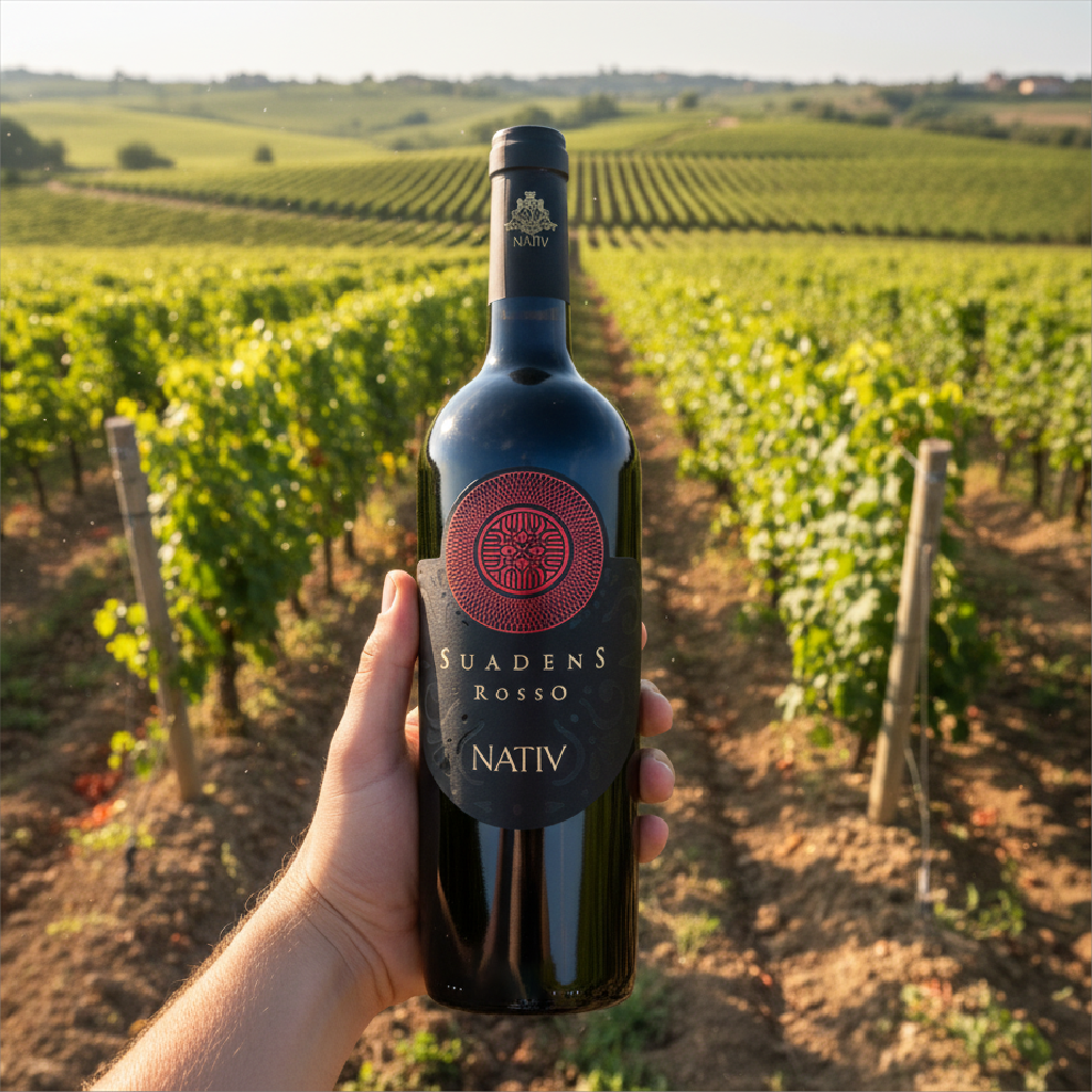 Bottle of Suadens Rosso Nativ wine held in front of a vineyard