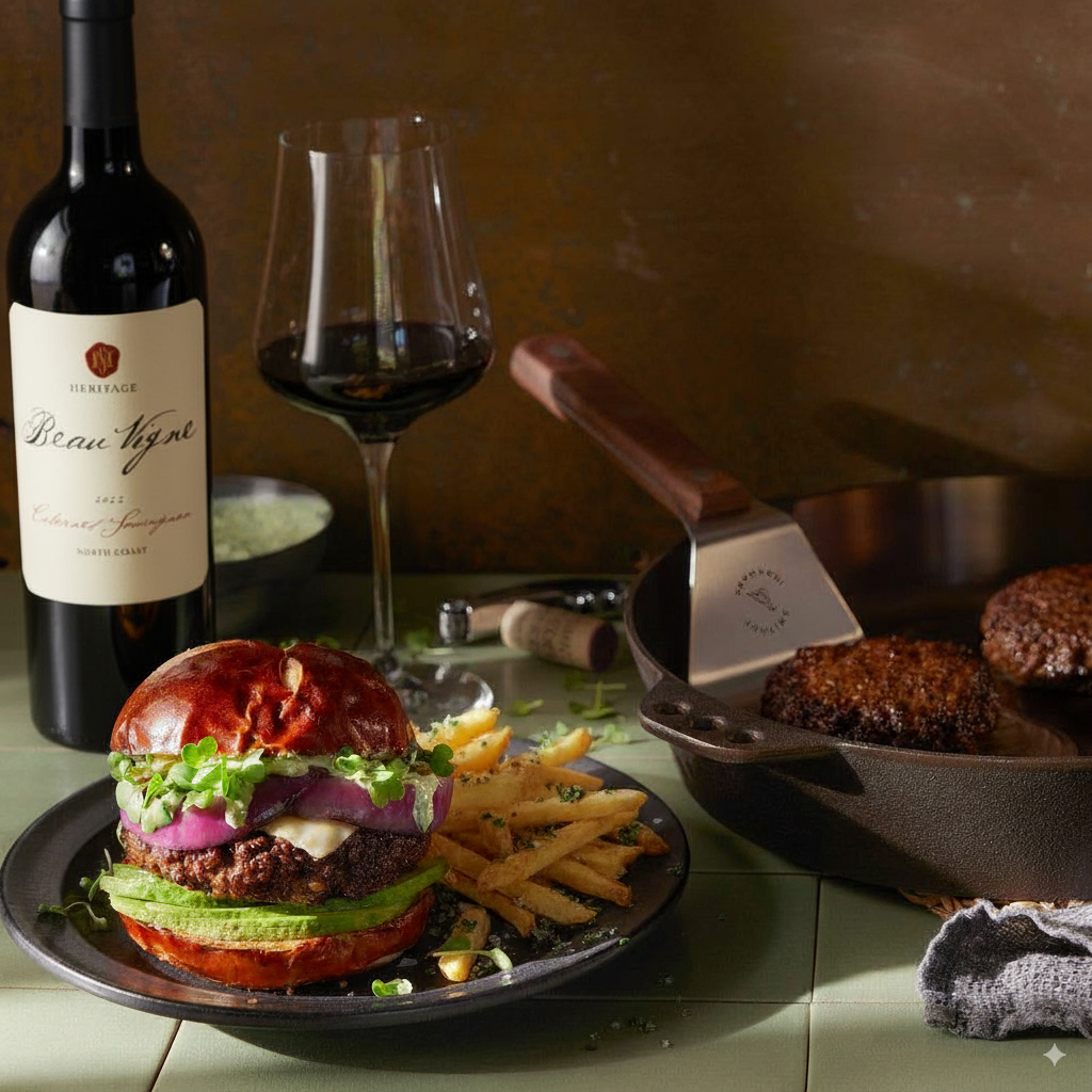Burger with fries, wine bottle, and glass on a table