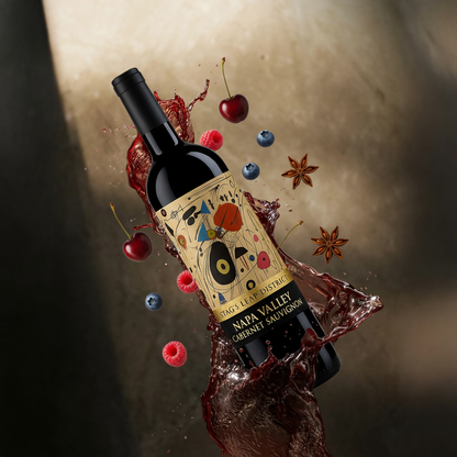 Wine bottle with colorful label surrounded by fruit and spices on a dark background