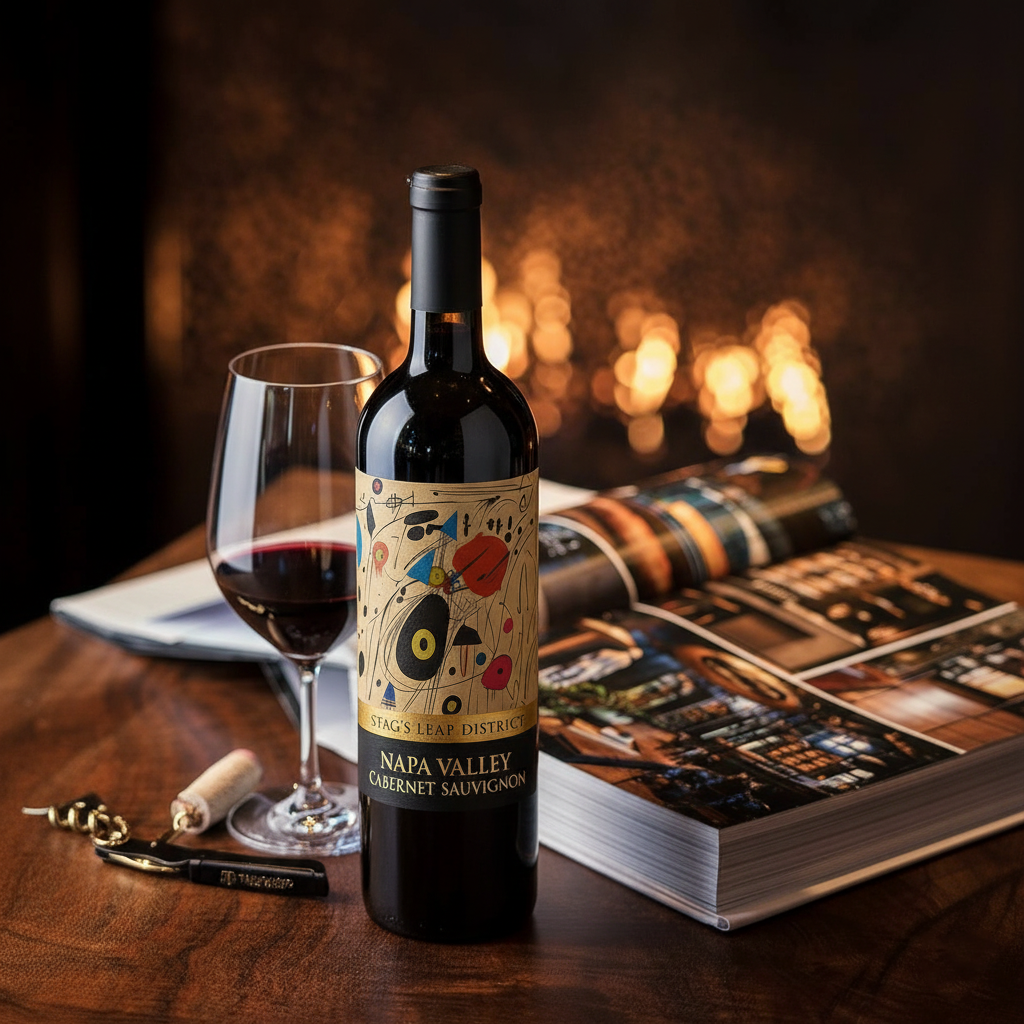 Wine bottle with colorful label and glass on a wooden table with a fireplace in the background
