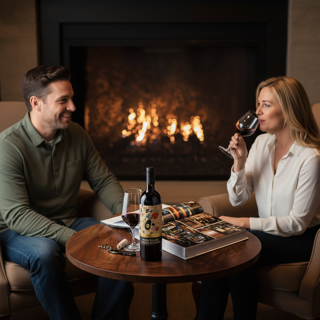 Man and woman sitting by a fireplace, enjoying wine together.