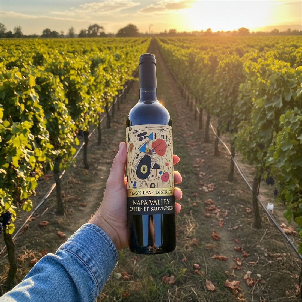 Bottle of wine held in front of a vineyard with sunset