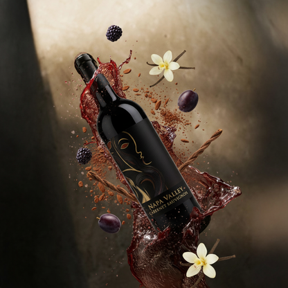 Wine bottle with Napa Valley label surrounded by fruit and flowers on a dark background