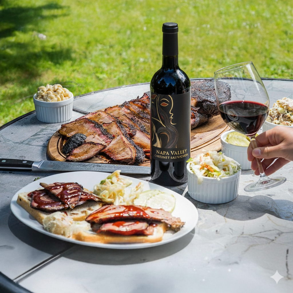 Outdoor setting with grilled meat, wine, and food on a table.