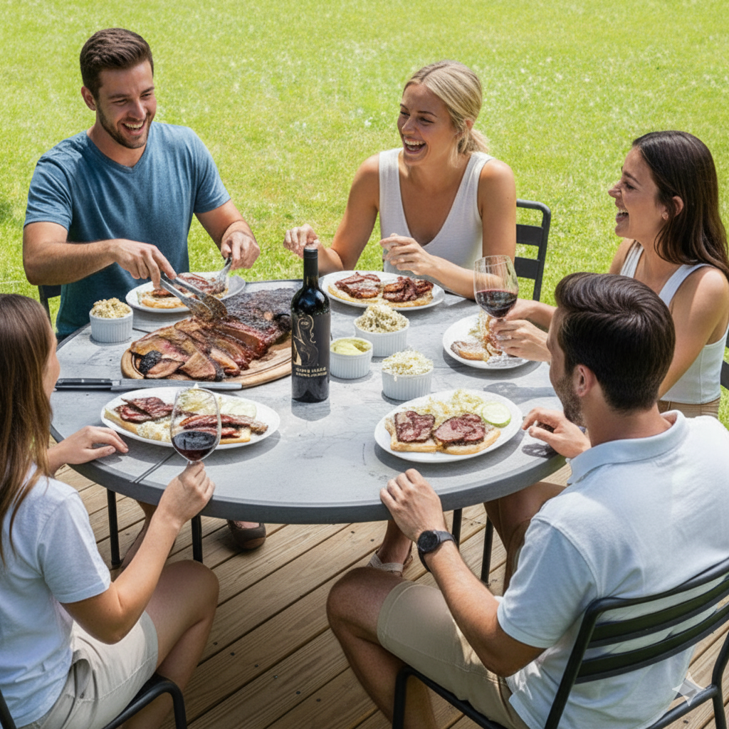 Group of people enjoying wine and meal outdoors on a sunny day.