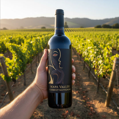 Bottle of Napa Valley Cabernet Sauvignon held in front of a vineyard