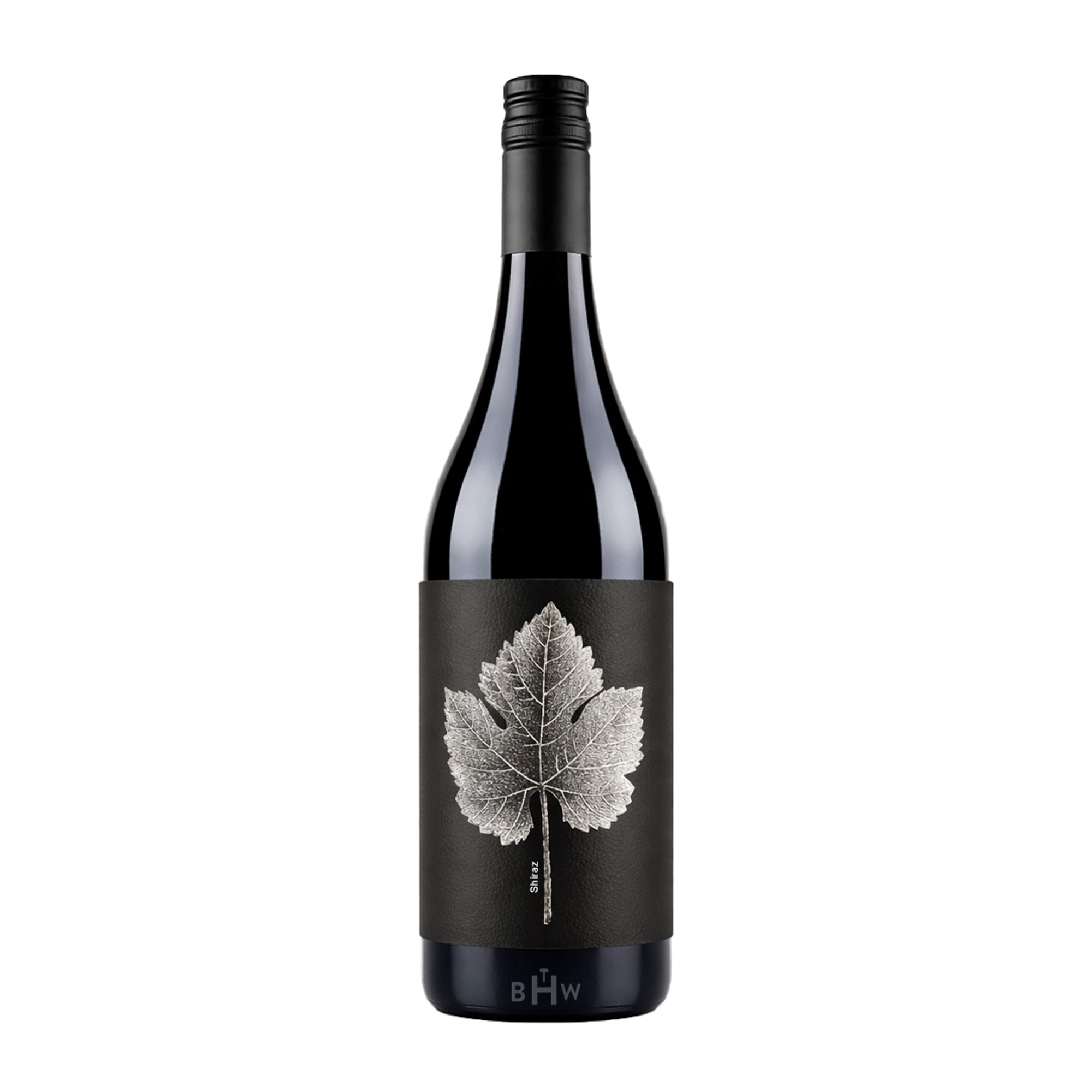 Wine bottle with a black label featuring a leaf design on a white background
