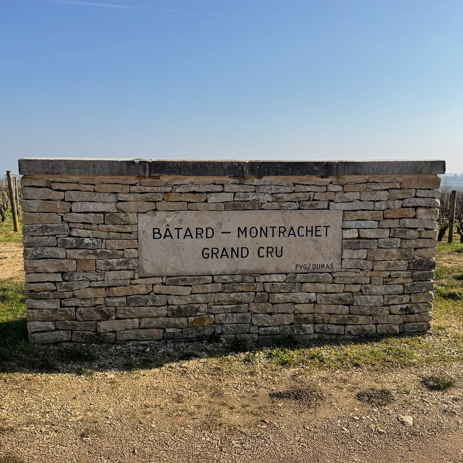 Bâtard-Montrachet Grand Cru vineyard sign in the Côte de Beaune, Burgundy, France, indicating one of the finest Chardonnay-producing vineyards