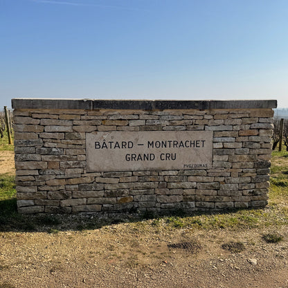 Bâtard-Montrachet Grand Cru vineyard sign in the Côte de Beaune, Burgundy, France, indicating one of the finest Chardonnay-producing vineyards
