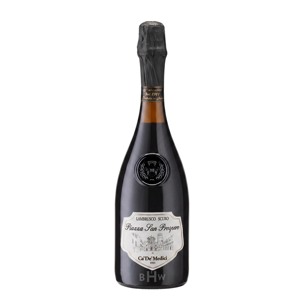 A bottle of Ca' de' Medici Lambrusco Scuro Reggiano Secco "Piazza San Prospero" NV sparkling red wine, curated by Big Hammer Wines.