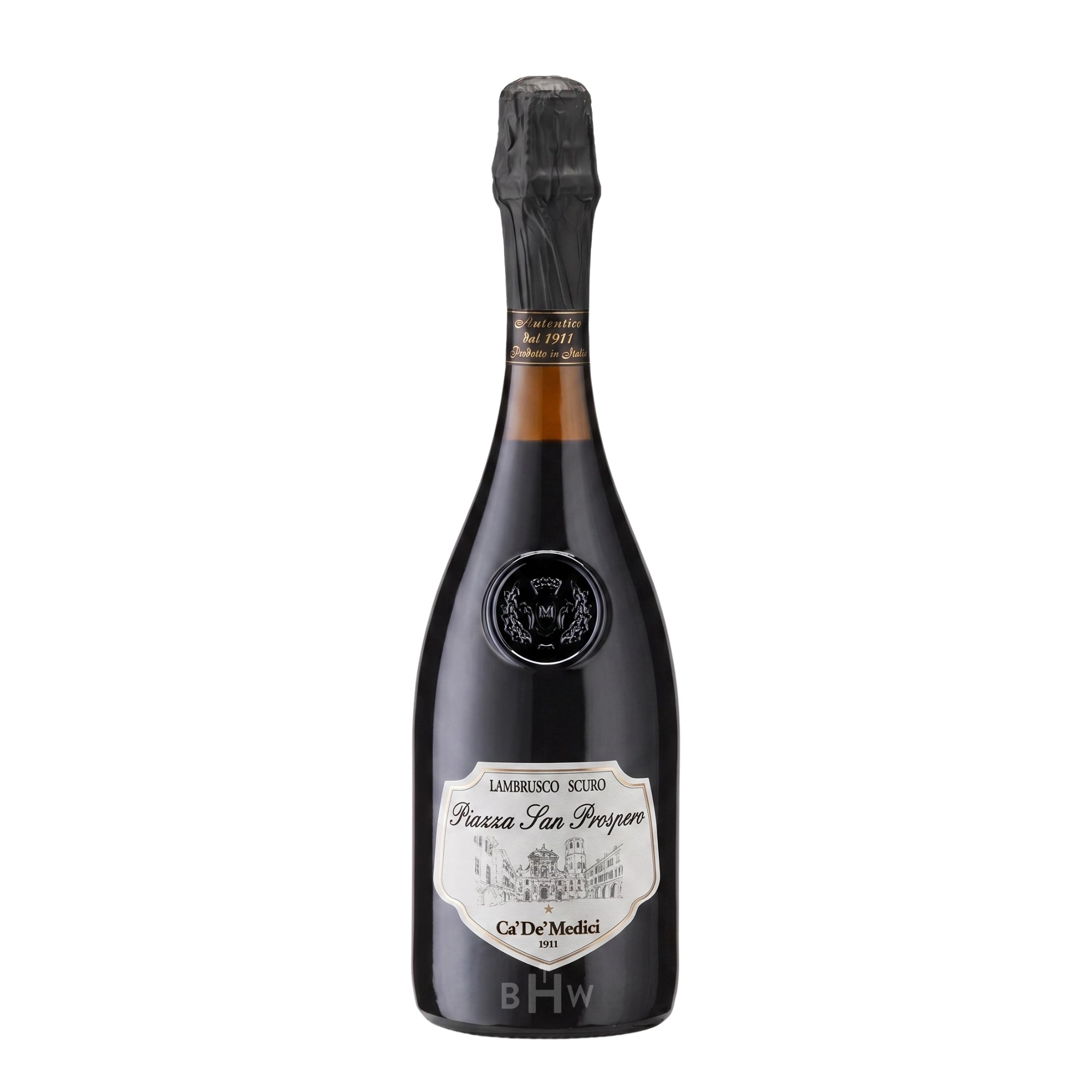 A bottle of Ca' de' Medici Lambrusco Scuro Reggiano Secco "Piazza San Prospero" NV sparkling red wine, curated by Big Hammer Wines.