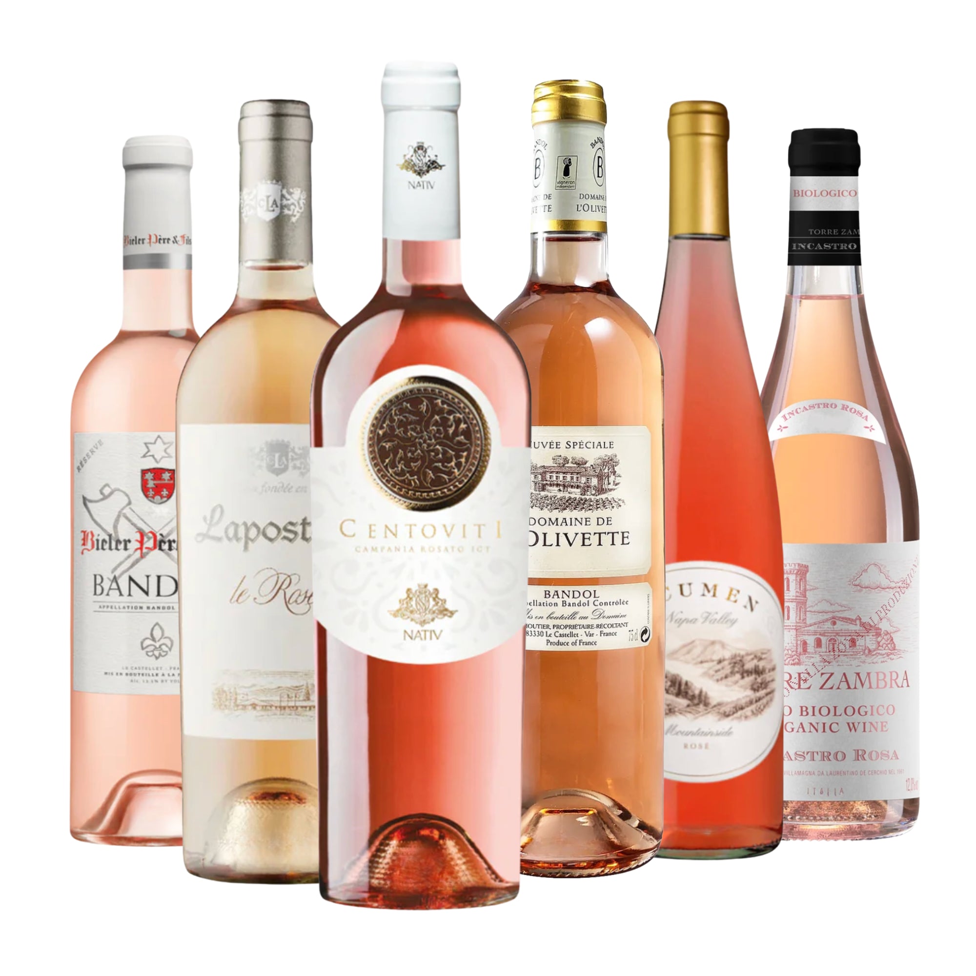 Rosé of the World 6-Pack Sampler with wines from Bandol, Italy, Spain, and beyond, offering a variety of flavors from crisp and dry to juicy and fruit-forward, 750ml bottles.
