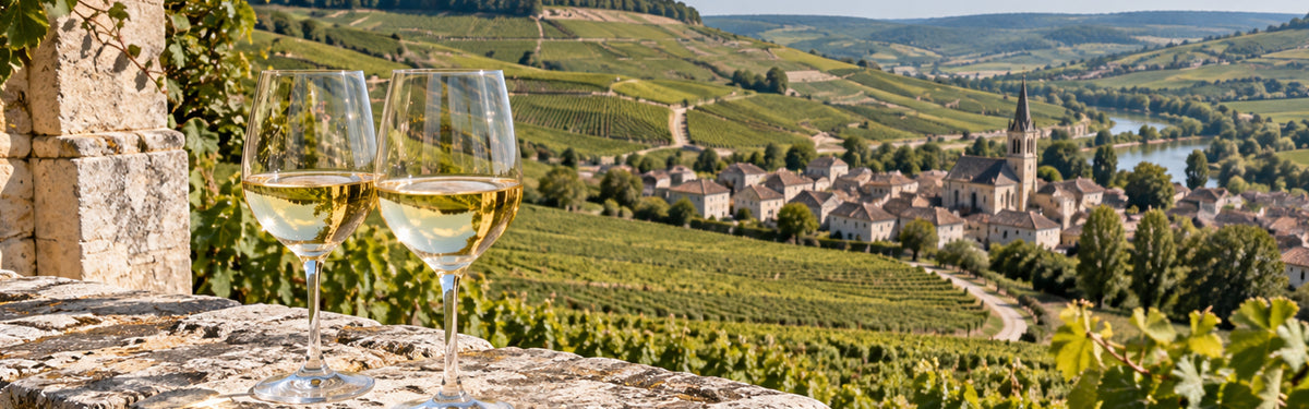 Two glasses of white wine on a ledge with a scenic view of lush vineyards, a river, and a village.