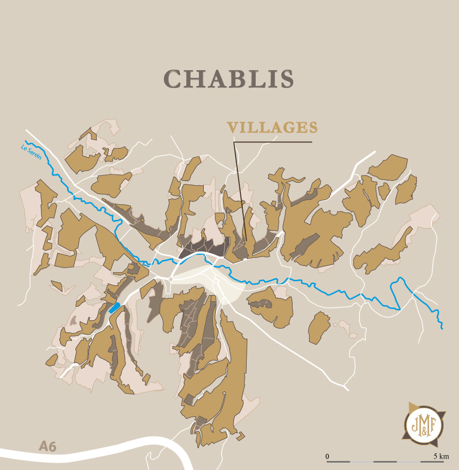 Map of Chablis villages with rivers and roads on a beige background