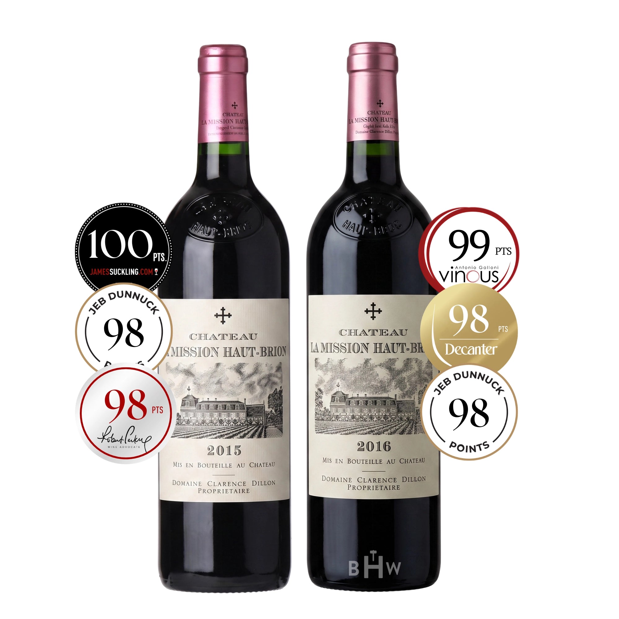 Two bottles of Château La Mission Haut-Brion Pessac-Léognan red wine (2015 and 2016 vintages) side-by-side with high-score critic rating badges. Curated by Big Hammer Wines.