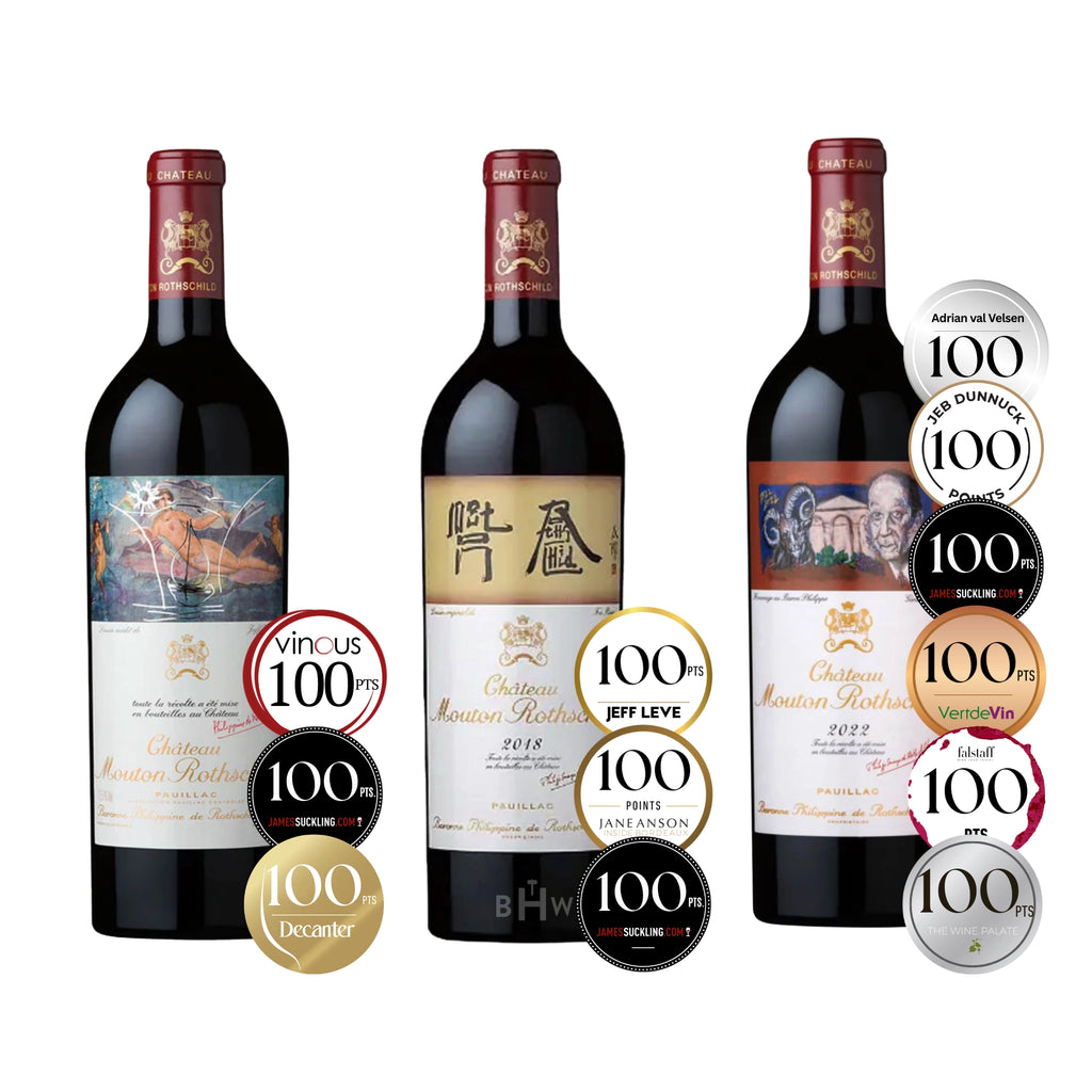 Château Mouton Rothschild Premier Grand Cru Classé Vertical 3x750ml featuring 2018, 2020 and 2022 Pauillac First Growth Bordeaux wines with multiple 100-point scores