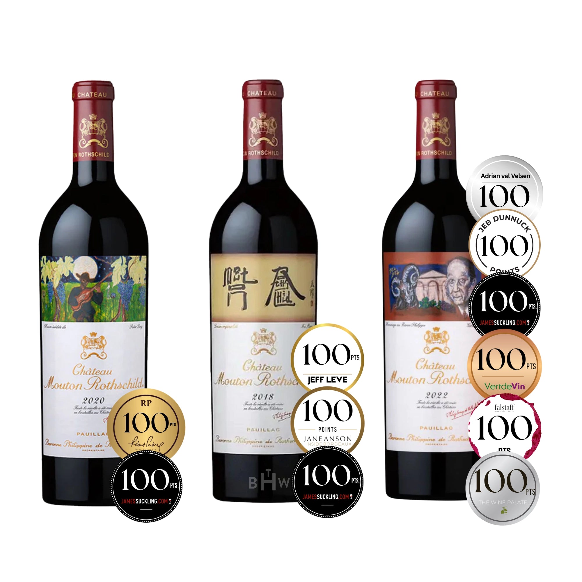A 3-bottle vertical pack of Château Mouton-Rothschild Premier Grand Cru Classé red wines including 2020, 2018, and 2022 vintages, surrounded by 100-point badges from top critics like James Suckling, Robert Parker, and Jeb Dunnuck. Curated by Big Hammer Wines.