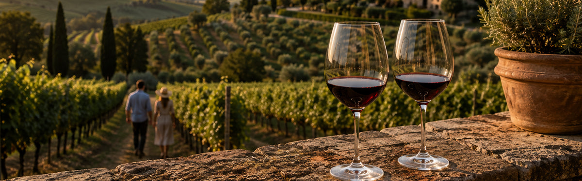 Two glasses of red wine resting on a stone wall overlooking a couple walking through a Tuscan vineyard.