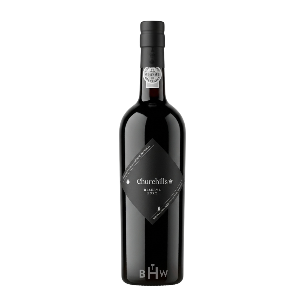 Bottle of Churchill's Reserve Port Douro NV featuring a black diamond-shaped label and dark capsule, curated by Big Hammer Wines.