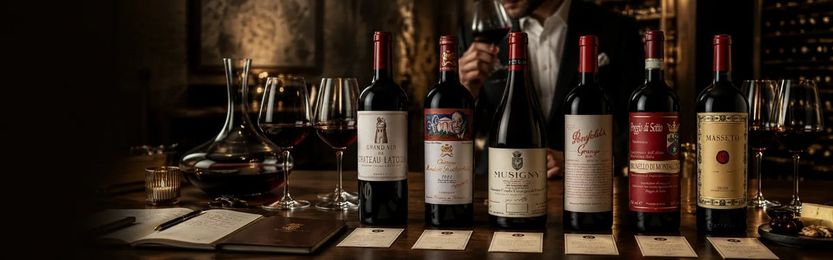A row of 90+ rated fine wines, including Château Latour, Mouton Rothschild, and Penfolds Grange, presented with wine rating cards and a decanter.