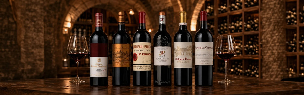 Six red wine bottles from prestigious estates like Chateau Margaux and Chateau Figeac are lined up on a rustic wooden table, flanked by two partially filled wine glasses, set against a warm, blurred wine cellar background.
