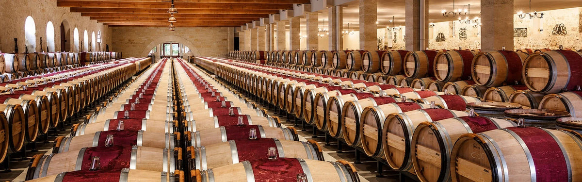A wine cellar aisle lined with wooden barrels in a high ceiling with exposed beams and stone columns.