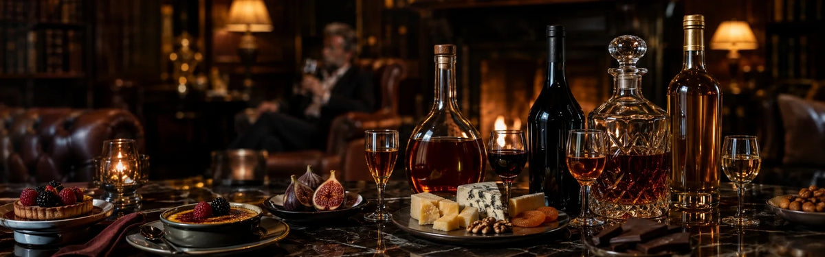 A moody lounge setting featuring dessert and fortified wine bottles, small glasses, artisan cheeses, figs, and desserts arranged on a marble table before a roaring fireplace.