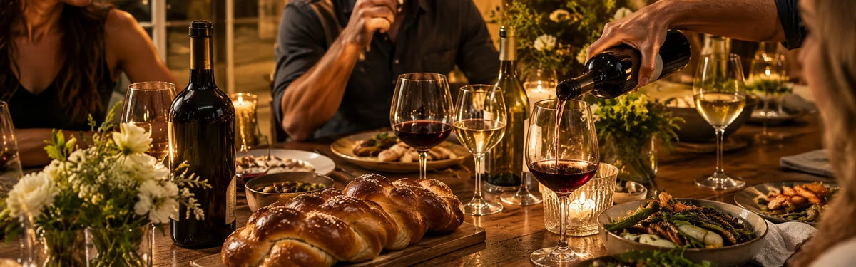 A festive dinner setting with braided challah, roasted dishes, and kosher red wine being poured into a glass at a warm family gathering.