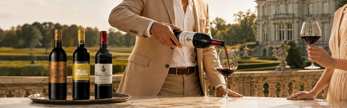 A man in a beige suit pours Margaux red wine from a bottle into a glass on a terrace, with other wine bottles and a woman holding a glass of red wine.