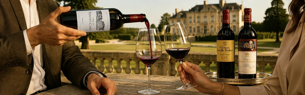 A person pours Medoc red wine from a bottle into a glass at an outdoor table, with two wine bottles on a tray and a chateau in the background. 