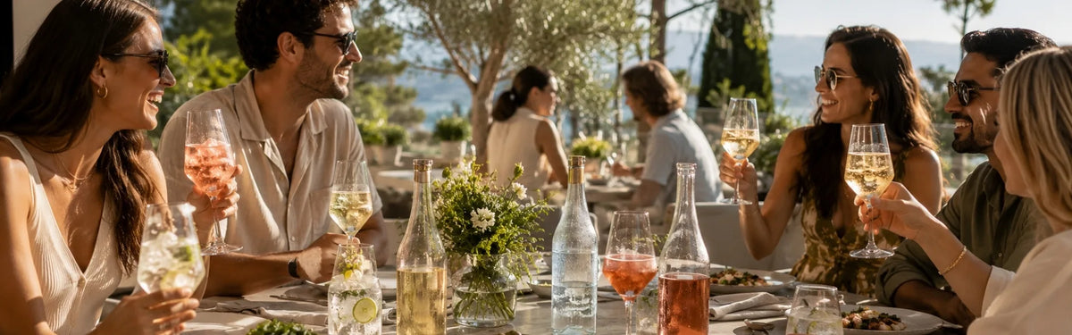 A group of friends enjoying a sunny outdoor meal with glasses of chilled low to non-alcoholic wines and refreshing spritzes.