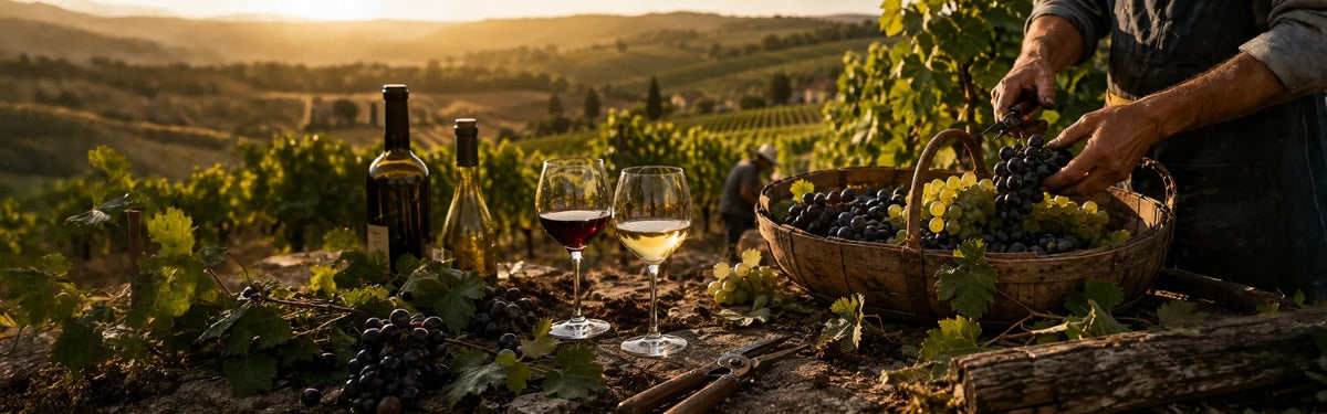 Glasses and bottles of organic wine next to a basket of hand-picked grapes in a vineyard.