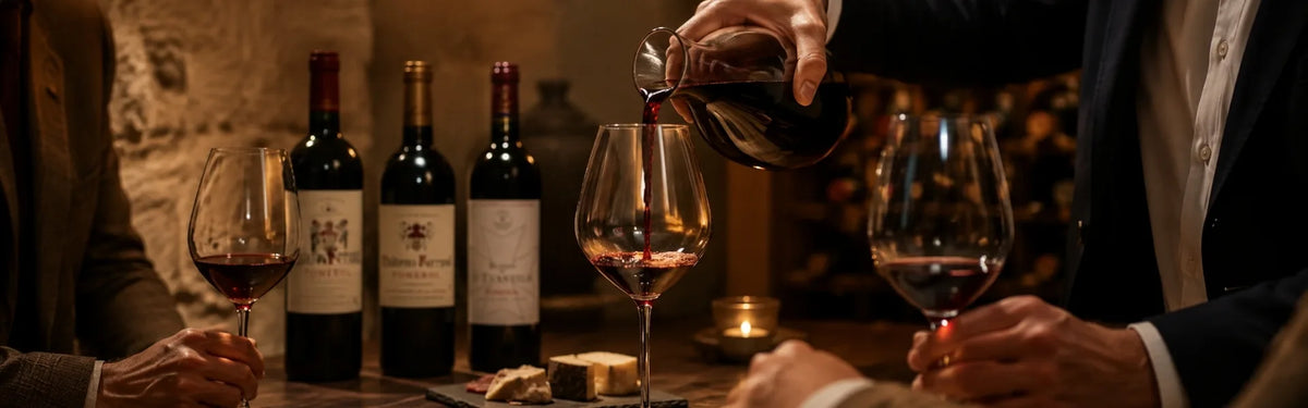 A close-up lifestyle scene of a person pouring Pomerol red wine from a bottle into a glass, with other wine bottles, glasses, and hands visible in a dimly lit wine cellar.