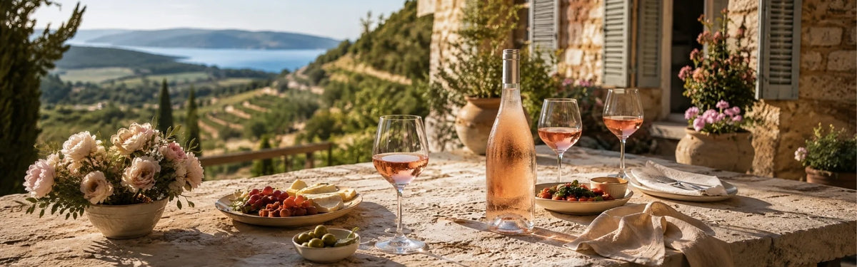 A chilled bottle of rosé wine, filled glasses, cheese, and fresh fruit on a stone terrace table overlooking a sunny coastal landscape.