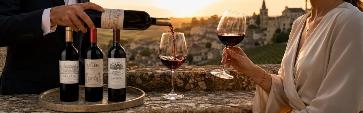 A person pouring red wine from a bottle onto a serving tray with three bottles, while another person holds a glass of red wine. The background shows a scenic vineyard and castle at dusk at Saint Emilion.