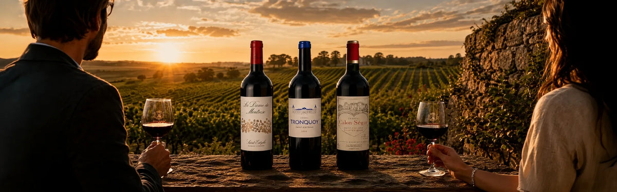 Three bottles of Saint Estephe red wine with wine glasses are set on a table outdoors at sunset, with a vineyard and two people seated in the background.