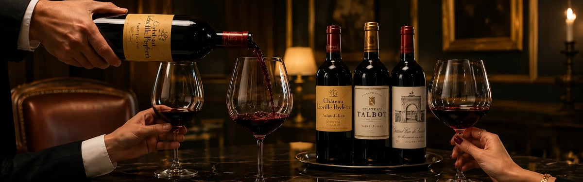 A person pouring red wine from a bottle into a glass at a dimly lit table with several Saint-Julien wine bottles and two wine glasses on a tray in the background.