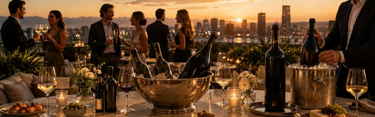 An assortment of small and large-format wine bottles in silver ice buckets, displayed on a table with guests socializing at a rooftop event at sunset.