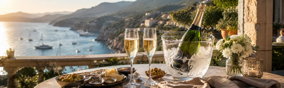 A balcony table set with two glasses of sparkling wine, a chilled bottle, fresh oysters, and olives, with a scenic view of a sunny Mediterranean coastline and yachts.
