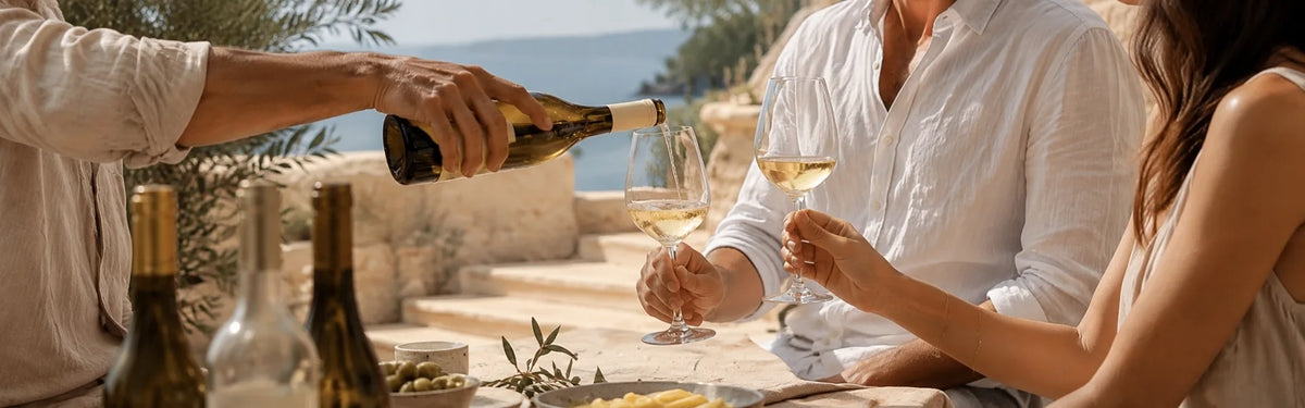 A lifestyle scene of people outdoors pouring white wine from a bottle into wine glasses on a sunny patio.