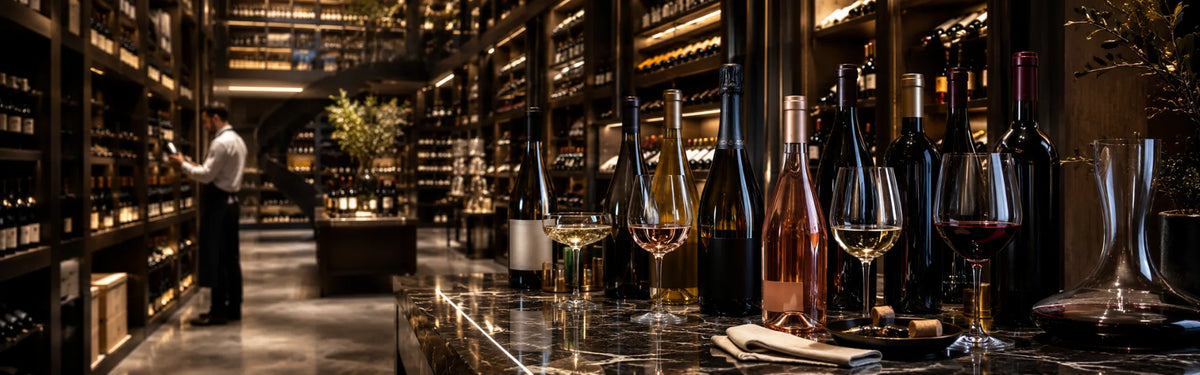 Scene with rows of wine bottles on wooden shelves in the background and several wine bottles, stemmed wine glasses, and a decanter on a dark marble counter in the foreground.