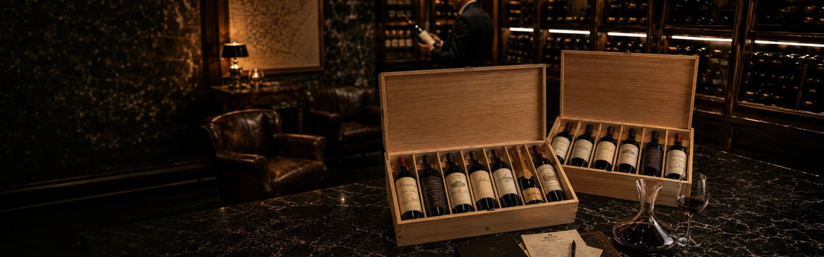 Two open wooden wine boxes filled with bottles of wine on a dark marble counter in a dimly lit wine cellar.